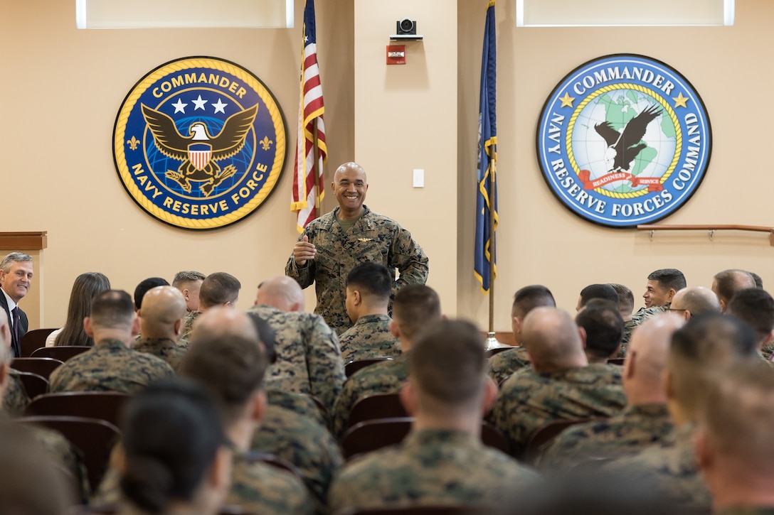 U.S. Marine Corps Lt. Gen. Brian W. Cavanaugh, center, the commanding general of Fleet Marine Force, Atlantic, Marine Forces Command, Marine Forces Northern Command, addresses Marines, Sailors, and Civilian Marines at the Navy Reserve Forces Command headquarters on Naval Support Activity Hampton Roads, Norfolk, Virginia, February 24, 2022. During the town hall meeting, Cavanaugh answered questions, set expectations, and discussed priorities. (U.S. Marine Corps photo by Casey Price)