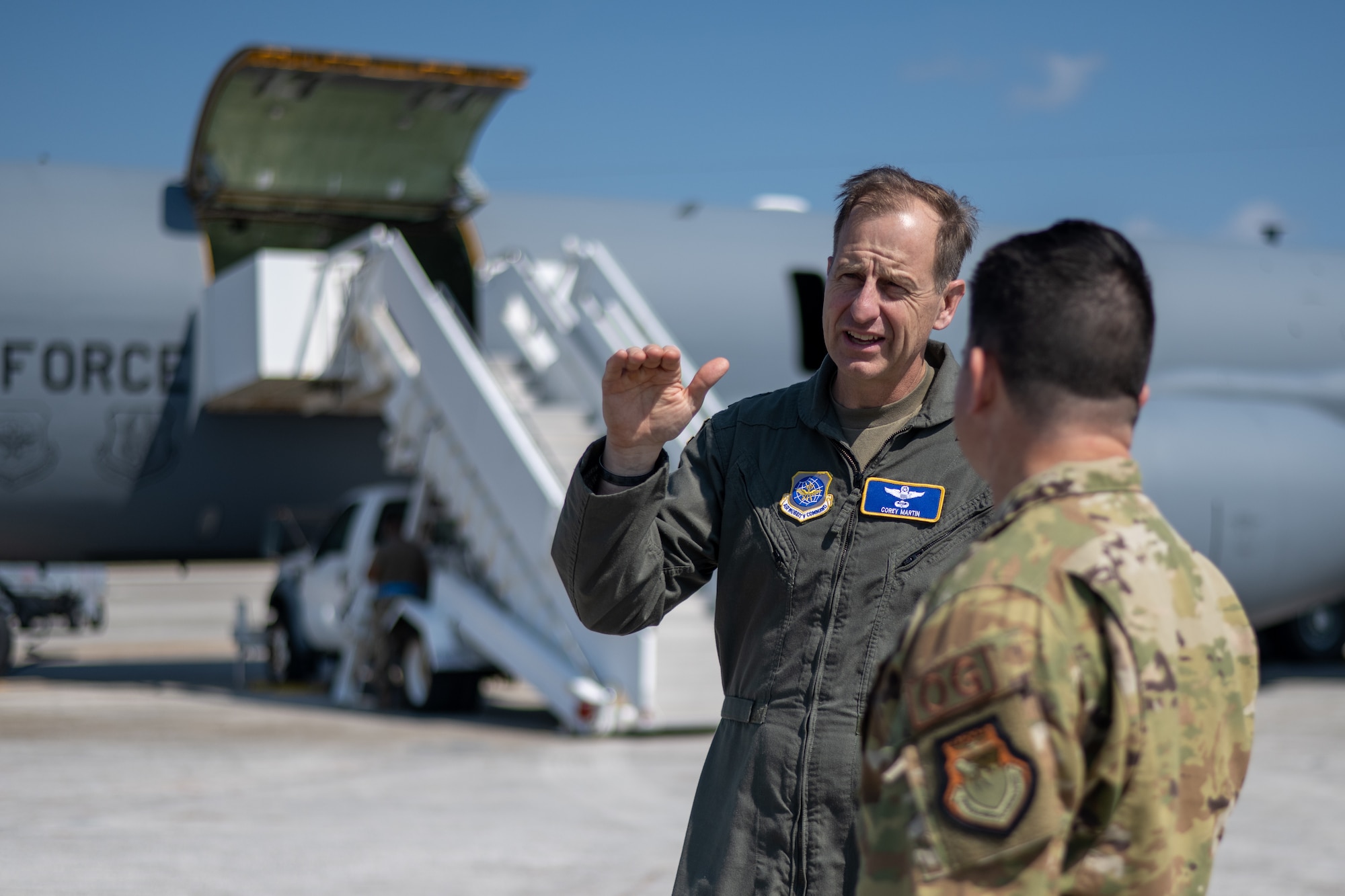 he visit included a discussion on the Real Time in the Cockpit auto navigation system that provided crucial insights to the 18th AF command team on the day to day flight operations for 6th Air Refueling Wing pilots. (U.S. Air Force photo by Airman 1st Class Zachary Foster)Foster)