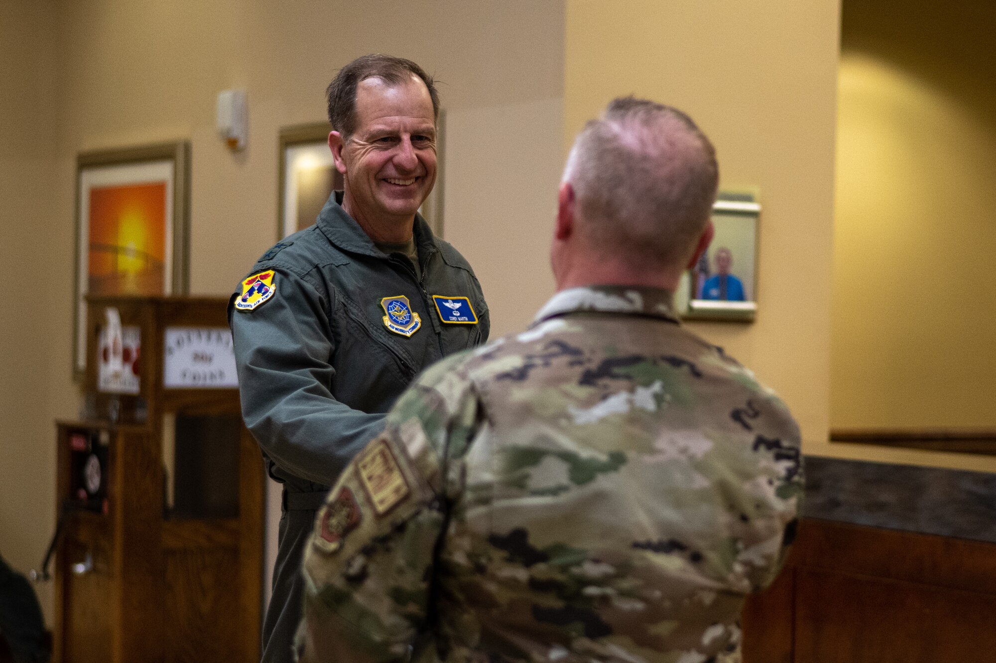 During his visit, the 18th AF command team inspected the installation’s new dorms, discussed crew manning and spoke with junior enlisted Airmen. (U.S. Air Force photo by Airman 1st Class Zachary Foster)