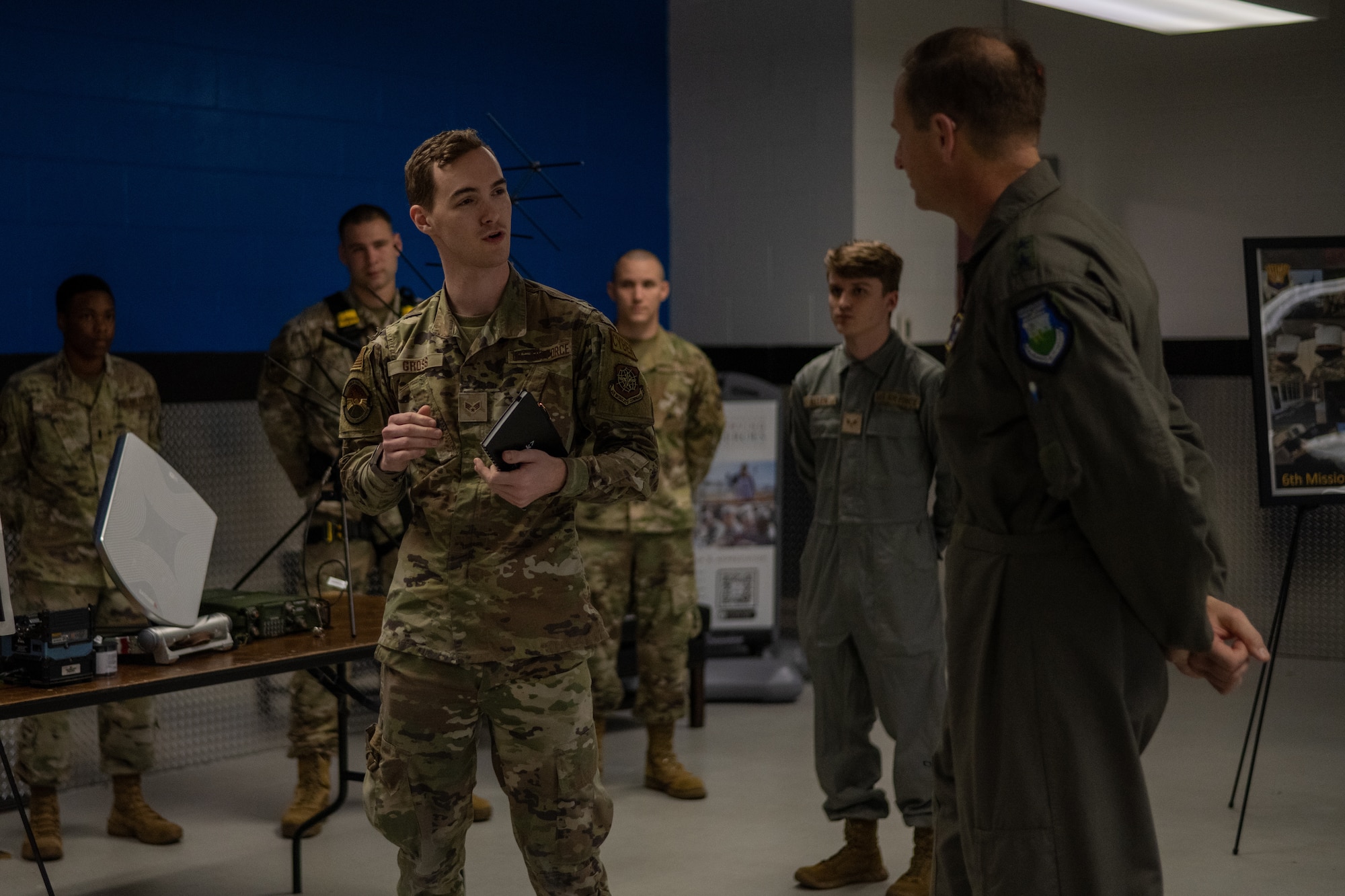 During the tour, Martin and the 18th AF command team visited the Base Defence Operations Center and received an unmanned aircraft systems demonstration. (U.S. Air Force photo by Airman 1st Class Zachary Foster)