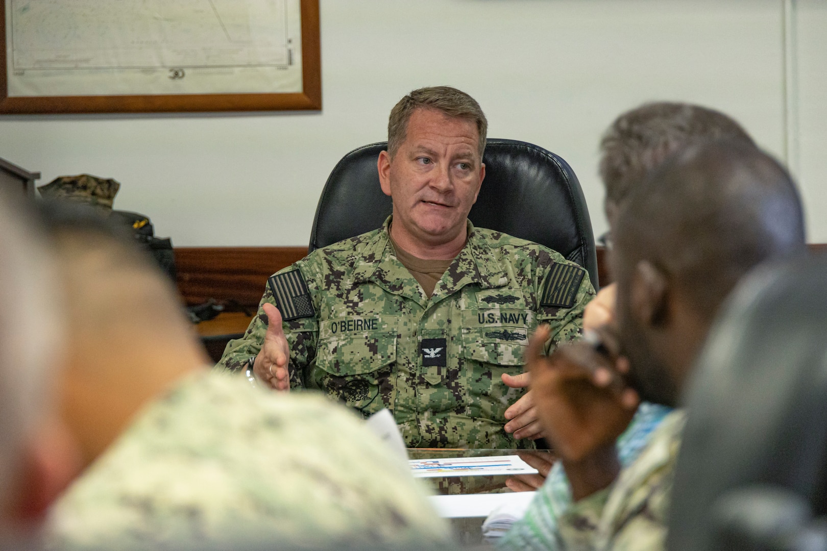 U.S. Navy Capt. Michael O’Beirne, Joint Task Force Red-Hill response directorate, briefs members during a spill response planning exercise brief at Joint Base Pearl Harbor-Hickam, Hawaii, Feb. 9, 2023. The exercise is designed to enhance first responder effectiveness and will involve approximately 200 people. (U.S. Marine Corps photo by Sgt. Sarah Stegall)