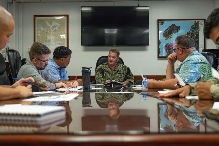 U.S. Navy Capt. Michael O’Beirne, Joint Task Force Red-Hill response directorate, briefs members during a spill response planning exercise brief at Joint Base Pearl Harbor-Hickam, Hawaii, Feb. 9, 2023. The exercise is designed to enhance first responder effectiveness and will involve approximately 200 people. (U.S. Marine Corps photo by Sgt. Sarah Stegall)