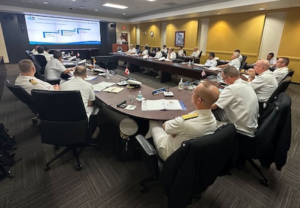 Allied submarine force commanders listen to national briefs during the 2nd annual Submarine Conference of the Americas (SCOTA) at U.S. Southern Command in Miami, Florida, Feb. 14, 2023.
