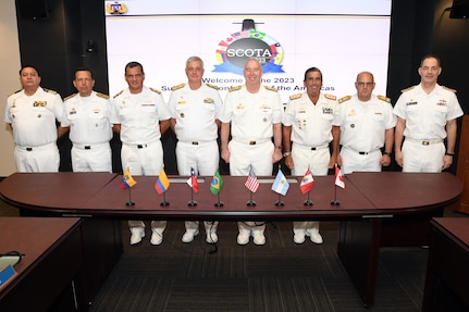 U.S. Navy Vice Adm. William Houston, right center, commander of U.S. Naval Submarine Forces, pose with allied submarine force commanders during the 2nd annual Submarine Conference of the Americas (SCOTA) at U.S. Southern Command in Miami, Florida, Feb. 14, 2023.