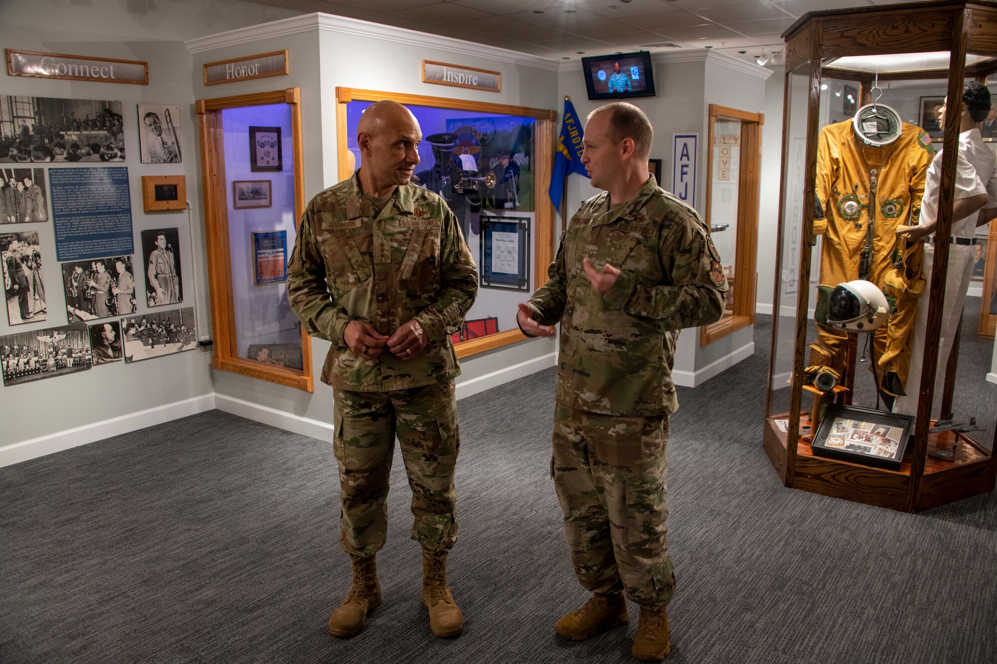 Master Sgt. Timothy Watson, right, Air Force Enlisted Heritage Hall superintendent, gives a tour of the hall to Lt. Gen. Brian Robinson, commander of Air Education and Training Command, during a visit to Maxwell Air Force Base, Alabama, Feb. 23, 2023. (U.S. Air Force photo by Brian Ferguson)