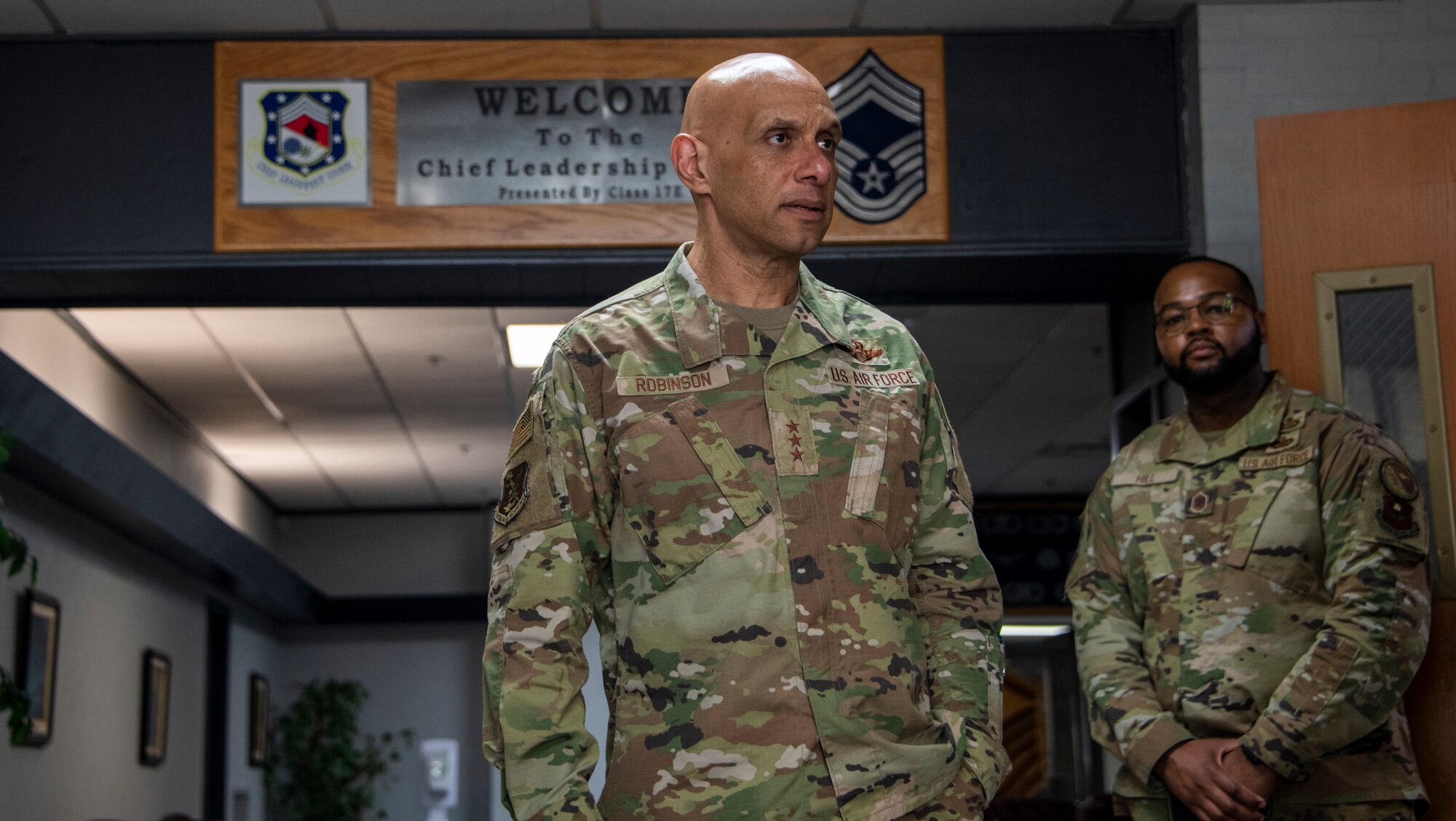 Lt. Gen. Brian Robinson, commander of Air Education and Training Command, tours the Chief Leadership Course building during a visit to Maxwell Air Force Base, Alabama, Feb. 23, 2023. (U.S. Air Force photo by Brian Ferguson)