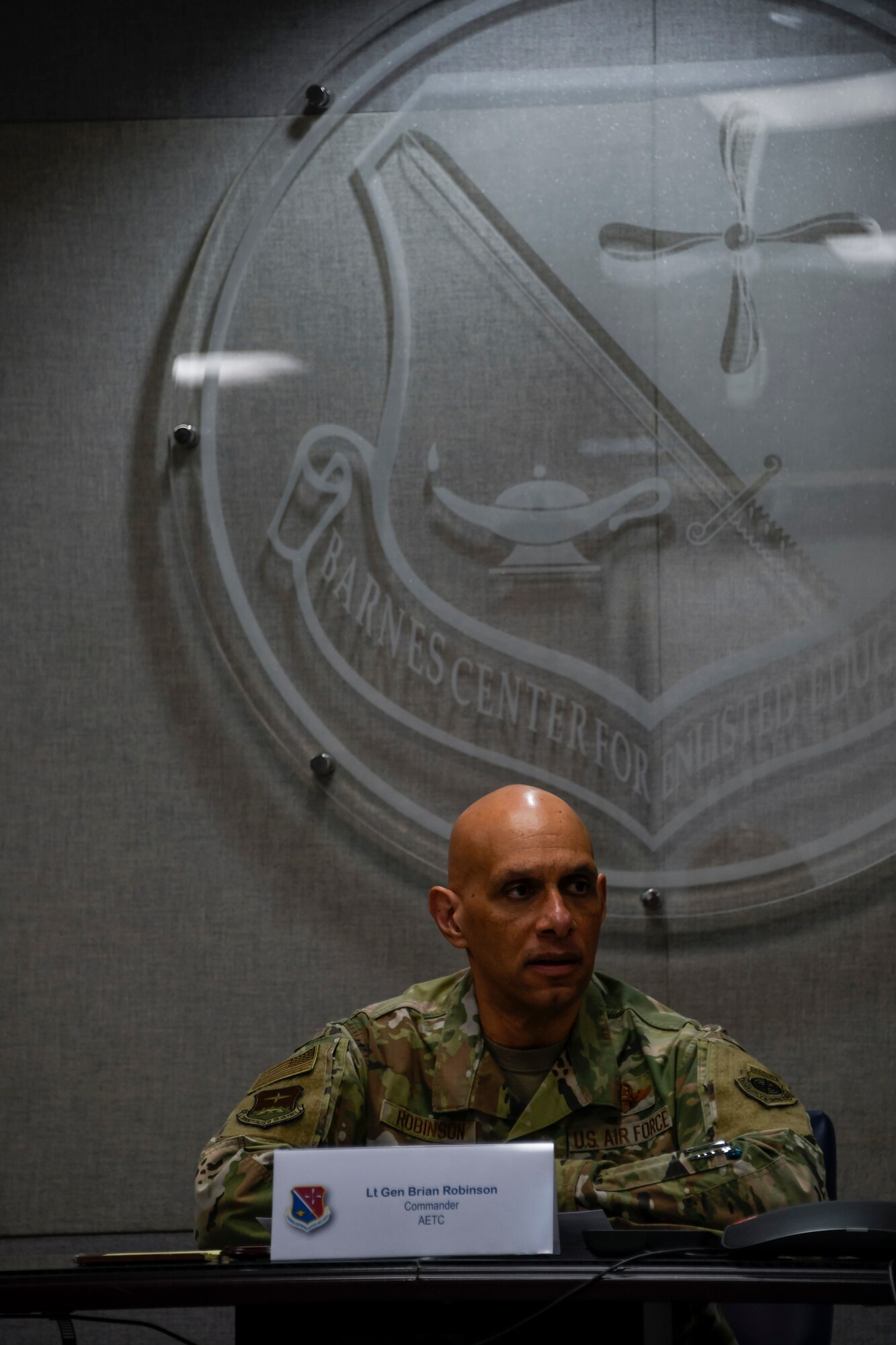 Lt. Gen. Brian Robinson, commander of Air Education and Training Command, discussed enlisted education at the Barnes Center for Enlisted Education during a visit to Maxwell Air Force Base, Alabama, Feb. 23, 2023. (U.S. Air Force photo by Brian Ferguson)