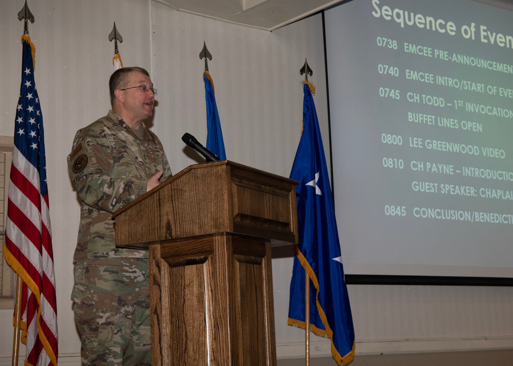 U.S. Air Force Ch. (Maj. Gen.) Randall Kitchens, Department of the Air Force chief of chaplains, delivers a speech to the Wolf Pack at Kunsan Air Base, Republic of Korea, Feb. 24, 2023. Kitchens was the Protestant Chaplain for the 8th Fighter Wing in 1997 to 1998. (U.S. Air Force photo by Senior Airman Akeem K. Campbell)