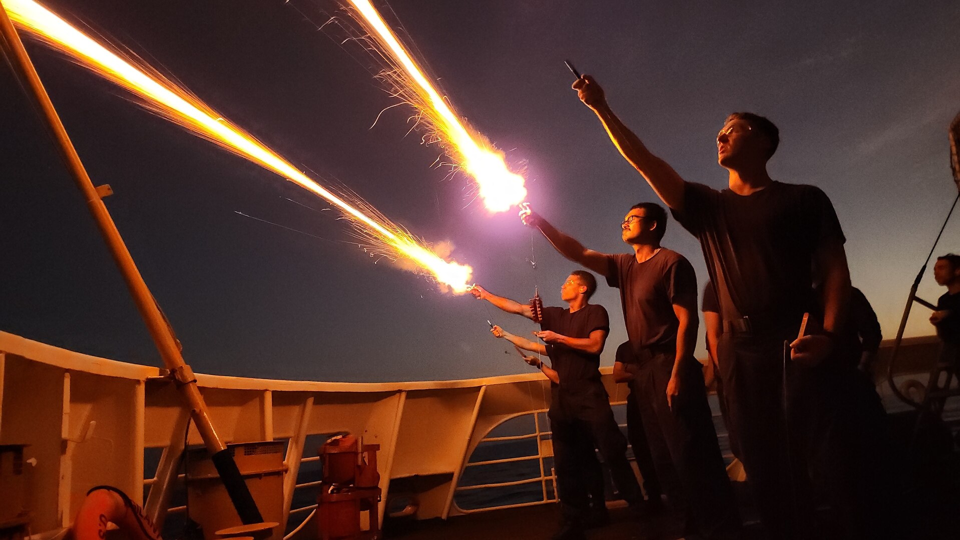 USCGC Vigilant’s (WMEC 617) crew operates pyrotechnics during a training exercise in the Florida Straits Feb. 10, 2023. Vigilant is on a patrol in support of Operation Vigilant Sentry in the Caribbean Sea. (U.S. Coast Guard photo by Petty Officer 3rd Class Christian Rasco)