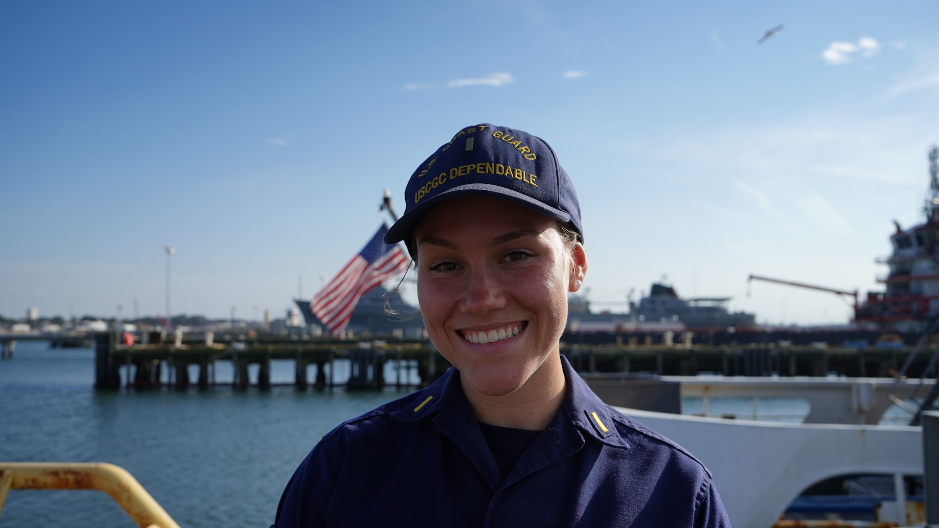 U.S. Coast Guard Ensign Hannah Jamison, assigned to USCGC Dependable (WMEC 626) poses for a photo at the cutter's return to home port in Virginia Beach, Virginia, Feb. 23, 2023, following a 50-day maritime safety and security patrol. Dependable's crew patrolled the Florida Straits and Windward Pass in support of Homeland Security Task Force - Southeast and Operation Vigilant Sentry in the Coast Guard Seventh District's area of responsibility. (U.S. Coast Guard photo by Petty Officer 3rd Class Kate Kilroy)