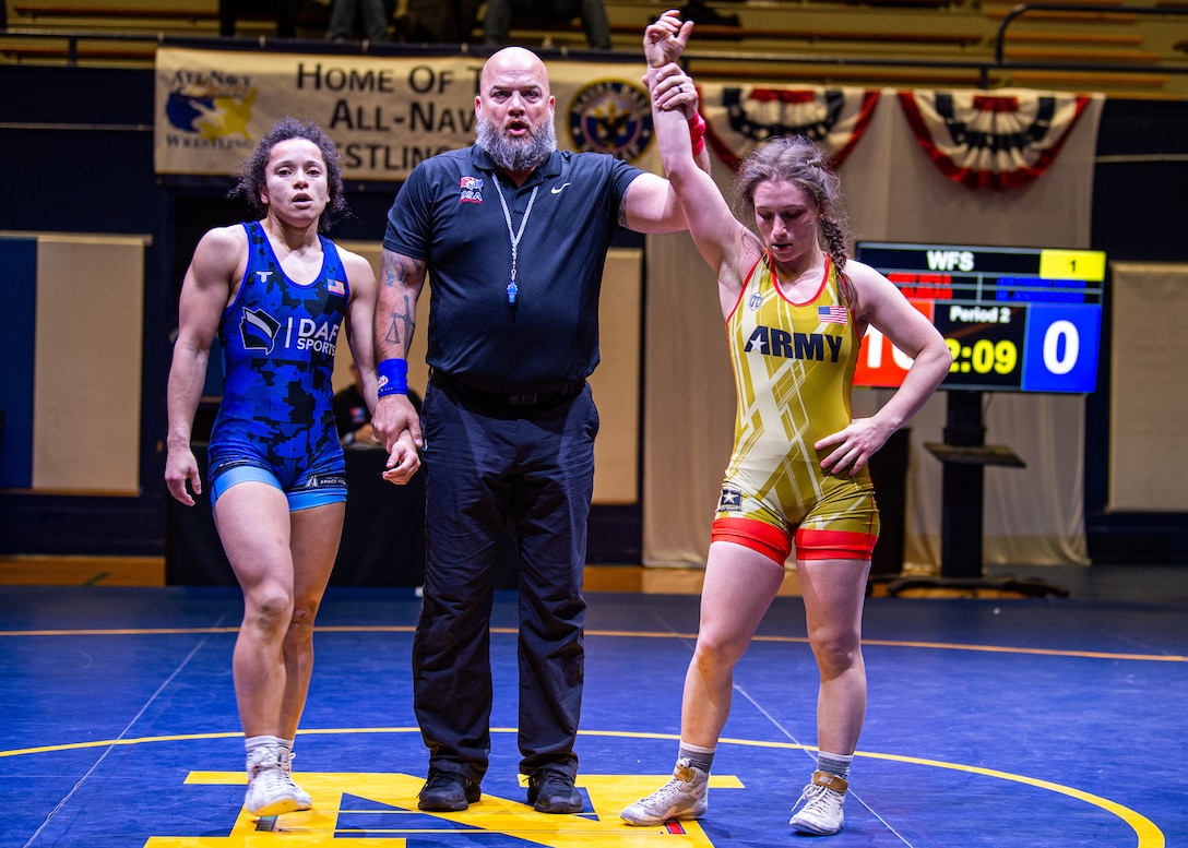 BREMERTON, WA (Feb. 24, 2023) - Army Spc. Aleeah Gould of Fort Carson, Colo.  tech. falls Air Force Senior Airman Mariah Anderson of Sheppard AFB, Texas 10-0 during the Women's Freestyle competition of the 2023 Armed Forces Wrestling Championship held at Naval Base Kitsap, Bremerton, Washington from February 25-26. This year’s championship features teams from the Army, Navy (including the Marine Corps and Coast Guard Wrestlers), and Air Force (including Space Force Wrestlers). Teams compete in Men’s Greco-Roman, Men’s Freestyle, and Women’s Freestyle wrestling styles. (Photo by Petty Officer 1st Class Ian Carver).