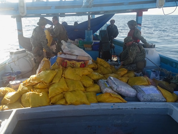 ARABIAN SEA (Feb. 25, 2023) Illicit drugs interdicted by USCGC John Scheuerman (WPC 1146) sit on the deck of a fishing vessel during an inventory by U.S. Coast Guard personnel operating in the Arabian Sea, Feb. 25, 2023.