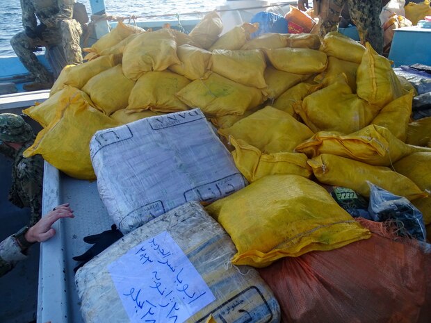 ARABIAN SEA (Feb. 25, 2023) Illicit drugs interdicted by USCGC John Scheuerman (WPC 1146) sit on the deck of a fishing vessel during an inventory by U.S. Coast Guard personnel operating in the Arabian Sea, Feb. 25, 2023.