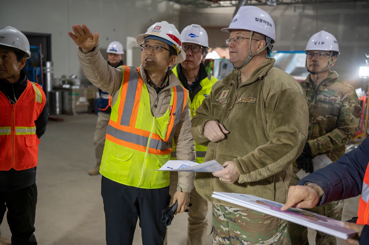 U.S. Air Force Maj. Gen. Randall Kitchens, U.S. Air Force Chief of Chaplains, receives a tour of the chapel construction site by Chang-Hun Yi, U.S. Army Corps of Engineers general engineer at Osan Air Base, Republic of Korea, Feb. 21, 2023. The chapel first went under construction in Jan. of 2021 and is scheduled to be finished by early 2024. (U.S. Air Force photo by Airman 1st Class Aaron Edwards)
