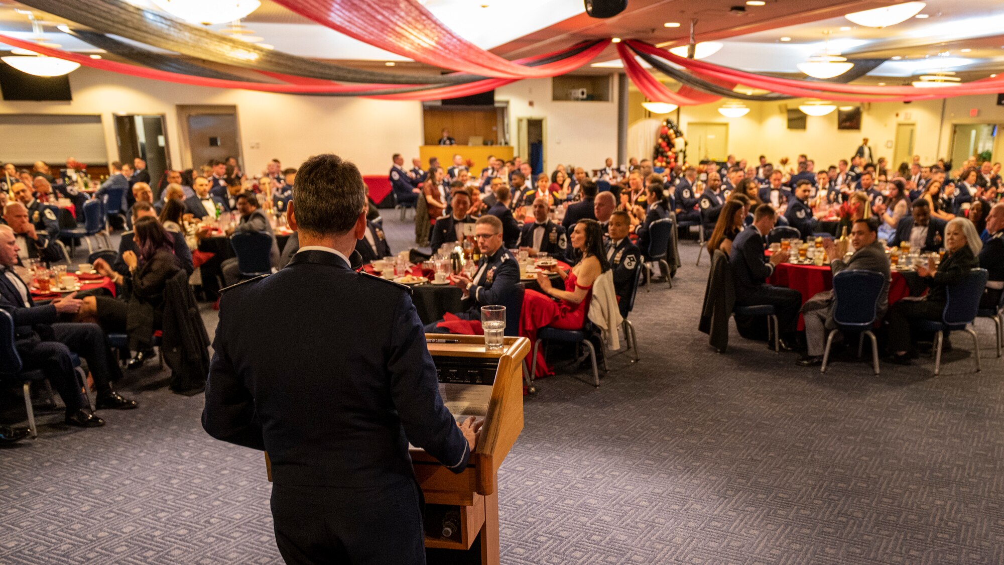 U.S. Air Force Col. Andrew Roddan, 374th Airlift Wing commander, greets guests of the 2023 Annual Awards Ceremony at Yokota Air Base, Japan, Feb. 24, 2023.
