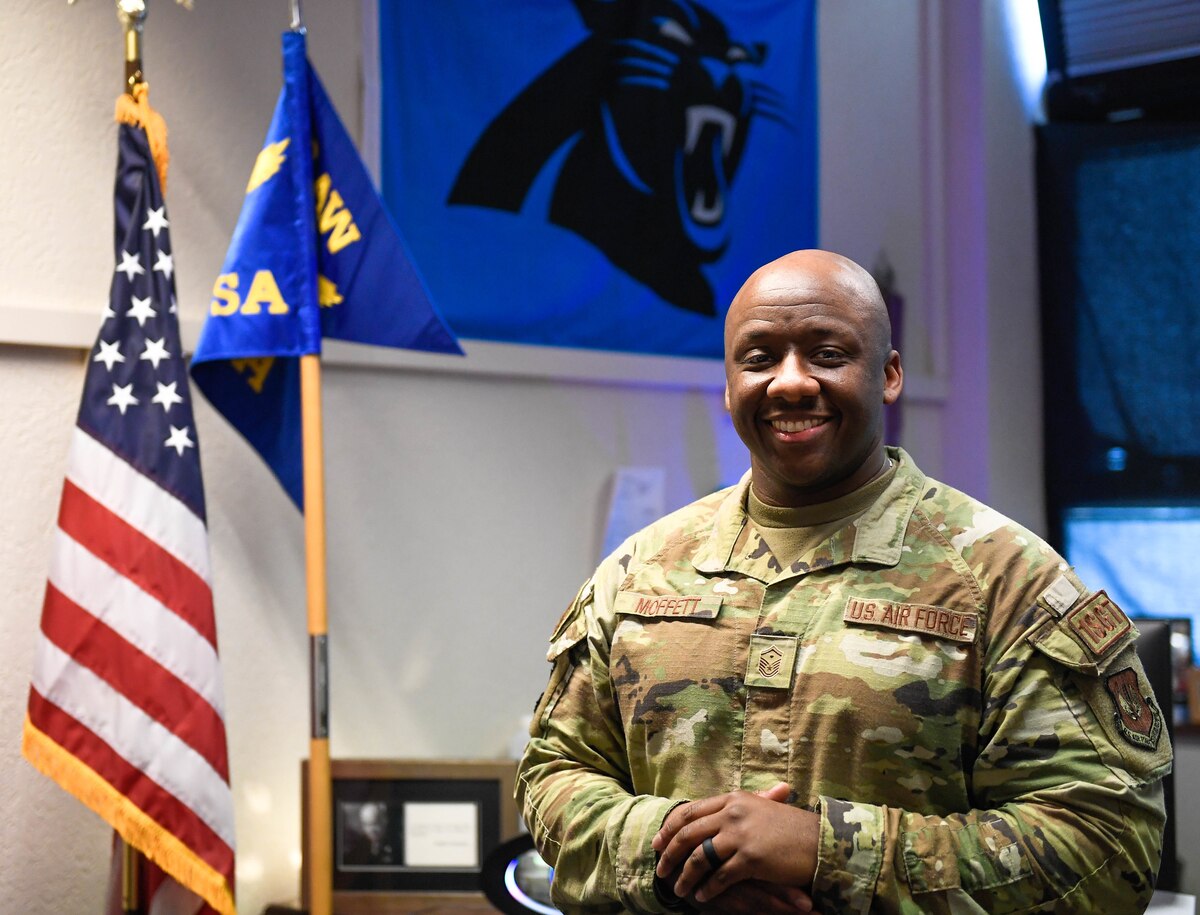 U.S. Air Force Master Sgt. Daniel Moffett, 86th Comptroller Squadron and Wing Staff Agency first sergeant, stands in his office at Ramstein Air Base, Germany, Feb. 14, 2023. Moffett reflects on his almost 20-year Air Force career.