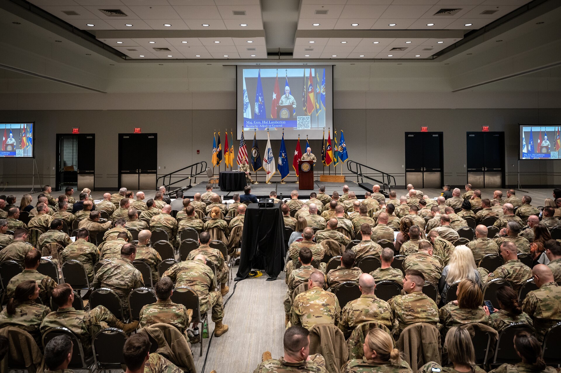 U.S. Army Maj. Gen. Haldane Lamberton, adjutant general of the Commonwealth of Kentucky, addresses more than 900 Soldiers and Airmen from the Kentucky National Guard during Leadership Development Day, held at the Kentucky Exposition Center in Louisville, Ky., Feb. 5, 2023. The event, for officers and senior enlisted troops, also featured presentations by Kentucky Gov. Andy Beshear; U.S. Air Force Lt. Gen. Marc Sasseville, vice chief of the National Guard Bureau; U.S. Army Maj. Gen Troy Galloway, deputy commanding general of the Army National Guard; U.S. Army Maj. Gen. Mark Landes, commander of First Army East; and U.S. Air Force Maj. Gen. Duke Pirak, deputy director of the Air National Guard. (U.S. Air National Guard photo by Dale Greer)