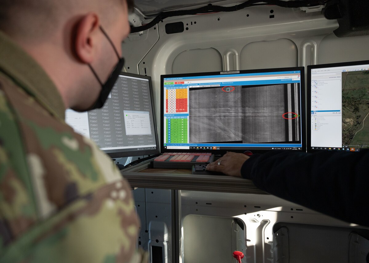 U.S. Air Force Airmen receive training for the Laser Foreign Object/Debris detection system at Royal Air Force Lakenheath, England, Nov. 23, 2021. The LFOD detection system was developed through the partnership between contractors and F-15 Flight Safety NCO Tech. Sgt. Jacob Garcia, who credits the Refinery with the success of the project. (U.S. Air Force photo by Airman First Class Jacob Wood)