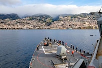 FUNCHAL, Portugal (Feb 23, 2023) The Arleigh Burke-class guided-missile destroyer USS Porter (DDG 78) arrives in Funchal, Feb. 23, 2023. Porter is on a scheduled deployment in the U.S. Naval Forces Europe area of operations, employed by the U.S. Sixth Fleet to defend U.S., allied and partner interests. (U.S. Navy photo by Mass Communication Specialist 2nd Class Sawyer Connally)