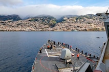 FUNCHAL, Portugal (Feb 23, 2023) The Arleigh Burke-class guided-missile destroyer USS Porter (DDG 78) arrives in Funchal, Feb. 23, 2023. Porter is on a scheduled deployment in the U.S. Naval Forces Europe area of operations, employed by the U.S. Sixth Fleet to defend U.S., allied and partner interests. (U.S. Navy photo by Mass Communication Specialist 2nd Class Sawyer Connally)