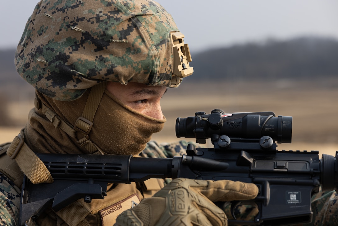 U.S. Marine Corps Jack HylandDeLeon, a heavy equipment engineer operator with III Marine Expeditionary Force Support Battalion, III Marine Expeditionary Force Information Group, sights in during a fire and maneuver drill for Bushido Strike 23 on U.S. Army Garrison- Yongsan Casey, South Korea, Feb. 6, 2023. III MSB is conducting Bushido Strike 23, which comprises training events including a Marine Corps Combat Readiness Evaluation to validate its mission essential tasks to provide combat service support, security and administrative services to III Marine Expeditionary Force.