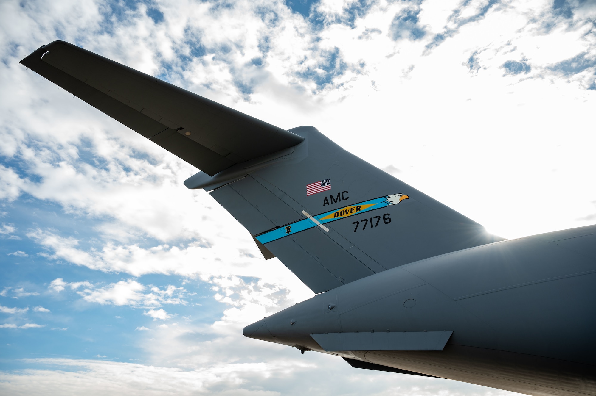 A C-17 Globemaster III sits on the flightline at Dover Air Force Base, Delaware, Feb. 21, 2023. Dover AFB Airmen provide the Department of Defense strategic global airlift capabilities with the C-5M Super Galaxy and C-17. (U.S. Air Force photo by Airman 1st Class Amanda Jett)