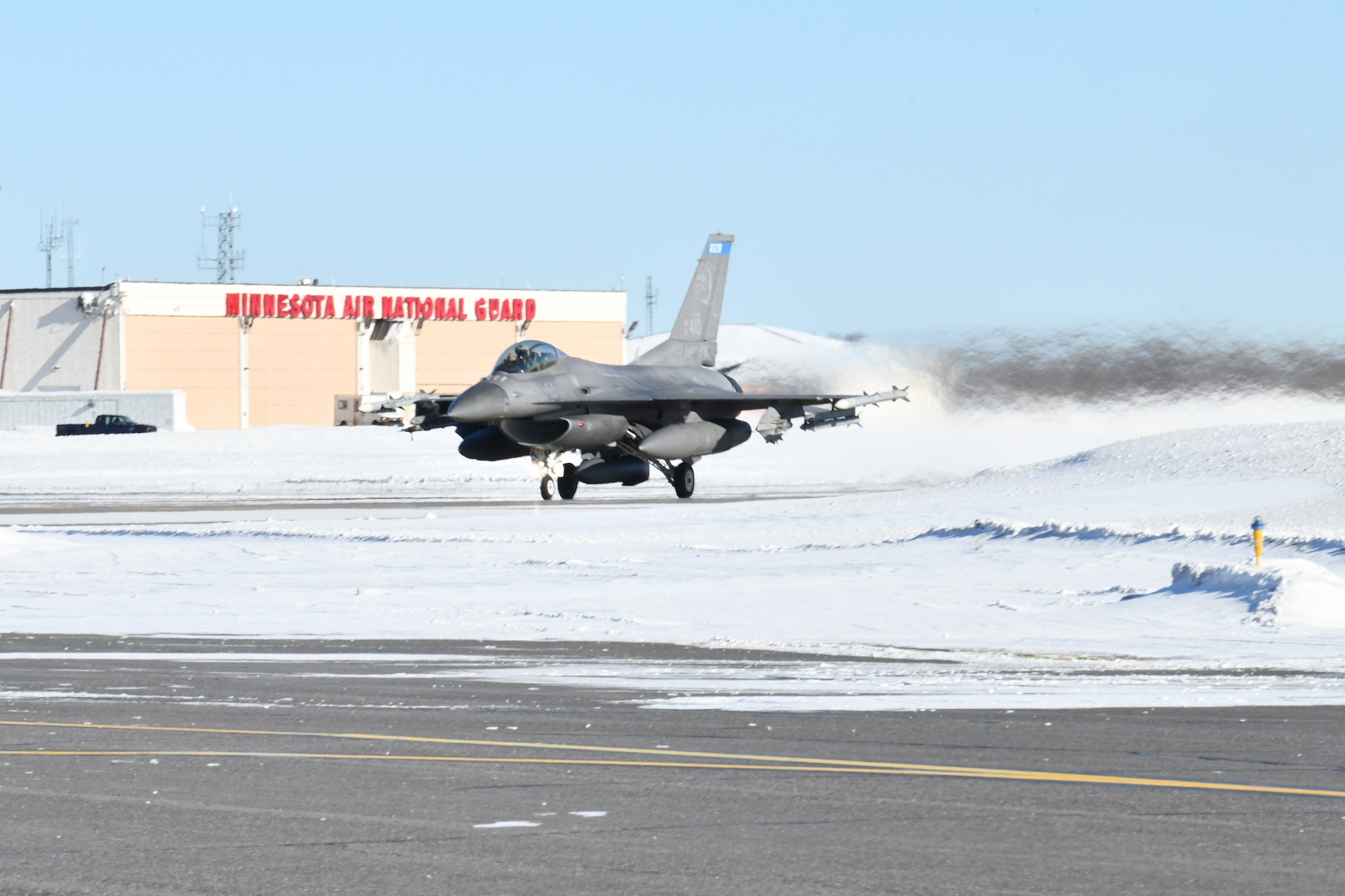 An F-16CM Fighting Falcon assigned to the 148th Fighter Wing, Minnesota Air National Guard, prepares to take off on January 26, 2023. This was the first flight for any Post-Block F-16 carrying the AN/ASQ-236 radar pod. The 148th Fighter Wing has been designated as the Air National Guard’s Center for Excellence for all F-16 fighter aircraft.