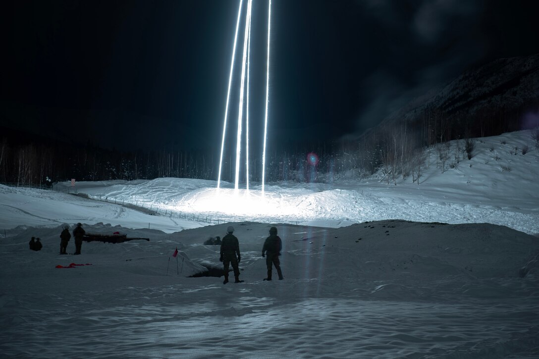 Service members look on as four star cluster flares illuminate the show.