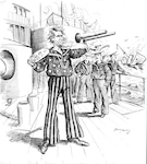 “And, Boys, Remember the Maine!”, April 3, 1898. This illustration, by cartoonist Clifford Berryman appeared in the Washington Post, depicts an angry Uncle Sam addressing sailors as USS Maine sinks in the background.  (National Archives and Records Administration)