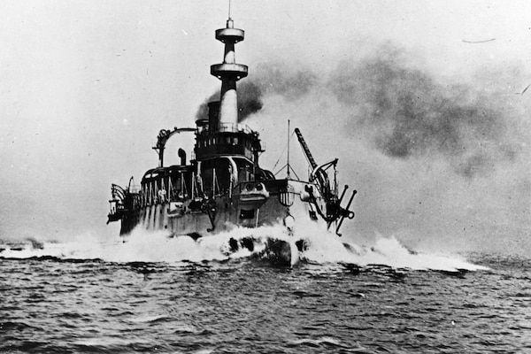 USS Oregon (BB-3) running her initial trials off San Francisco, California, ca. 1894. (NH 75019)