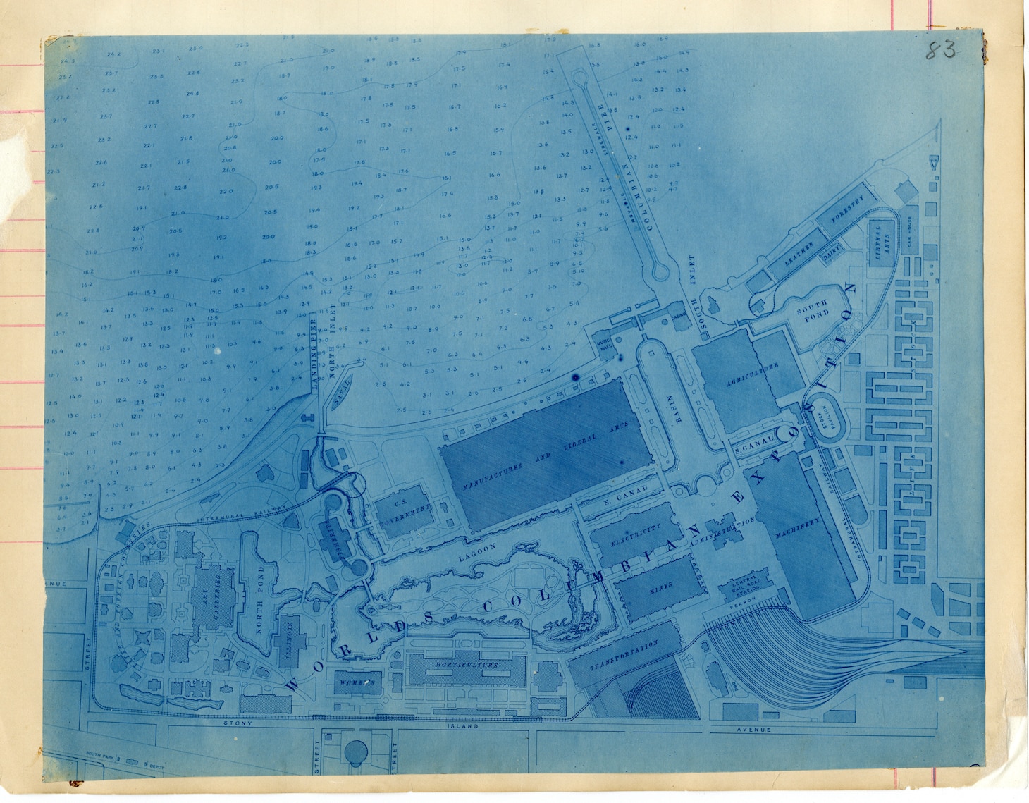 World Columbian Exposition map showing placement of USS Illinois adjacent to the north inlet landing pier, undated. (National Archives and Records Administration)