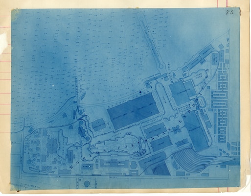 World Columbian Exposition map showing placement of USS Illinois adjacent to the north inlet landing pier, undated. (National Archives and Records Administration)