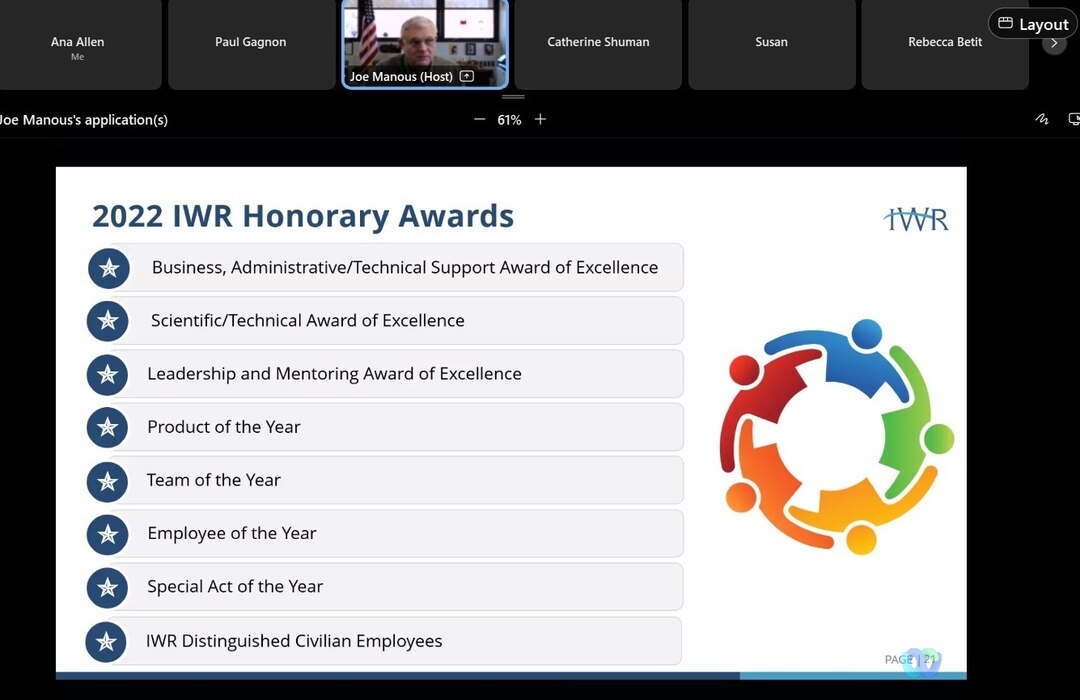 The image is a screen shot from the IWR town hall where employees were honored during the awards ceremony. The top portion of the image displays a web-ex participant screen where IWR Director, Joe Manous is visible. The center portion of the image includes a power point slide announcing the IWR employee awards categories.