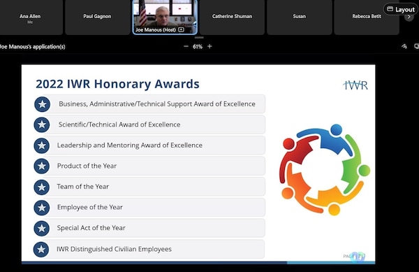 The image is a screen shot from the IWR town hall where employees were honored during the awards ceremony. The top portion of the image displays a web-ex participant screen where IWR Director, Joe Manous is visible. The center portion of the image includes a power point slide announcing the IWR employee awards categories.