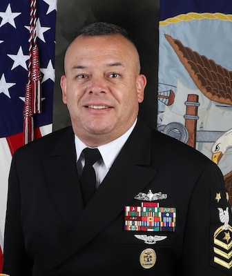 (Feb. 27, 2023) NEWPORT, R.I. -- Official portrait of Command Master Chief Toby Ruiz. (U.S. Navy photo)