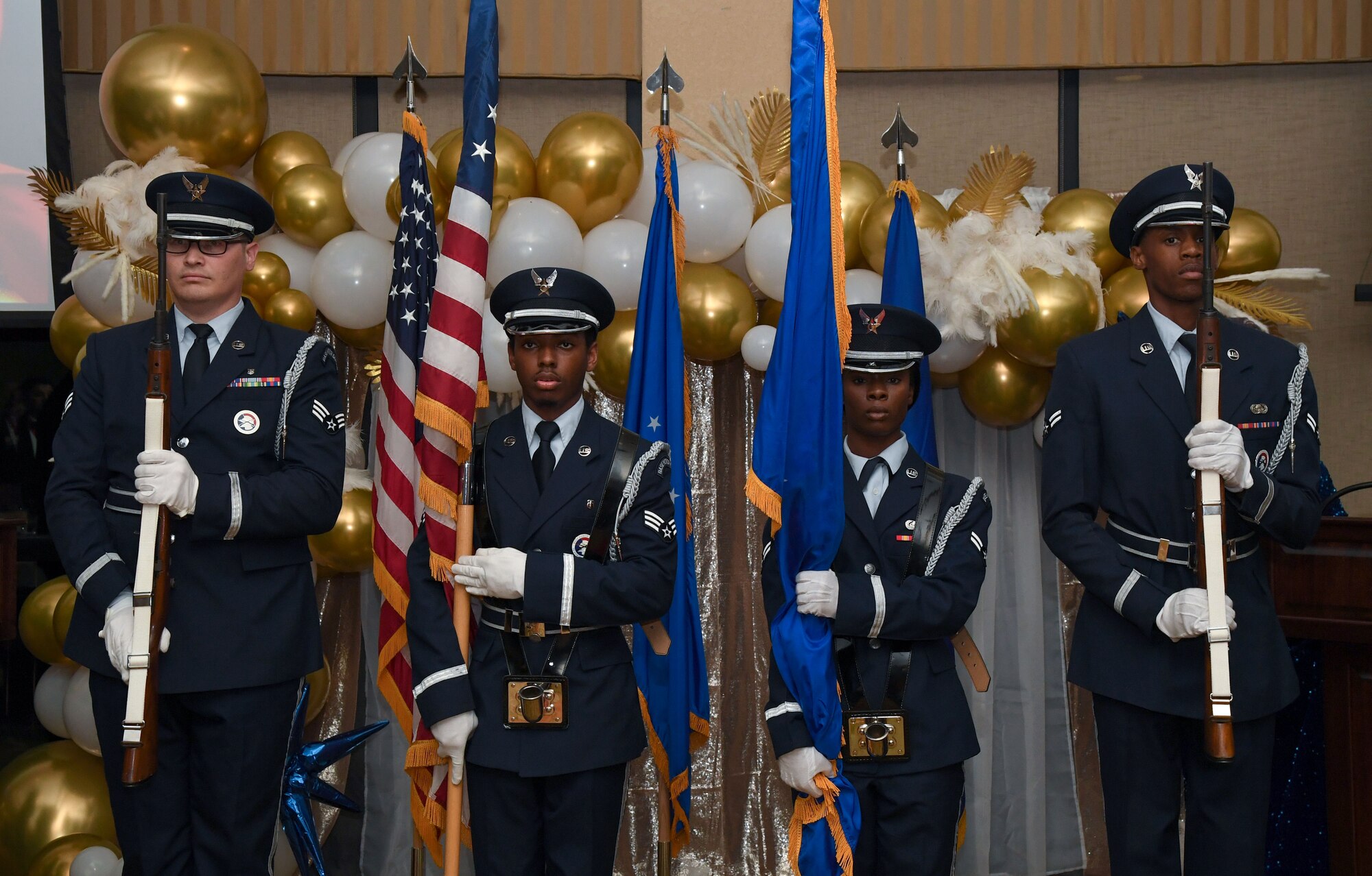 Members of the Keesler Honor Guard present the colors during the 81st Training Wing's 2022 Annual Awards Ceremony inside the Bay Breeze Event Center at Keesler Air Force Base, Mississippi, Feb. 24, 2023.