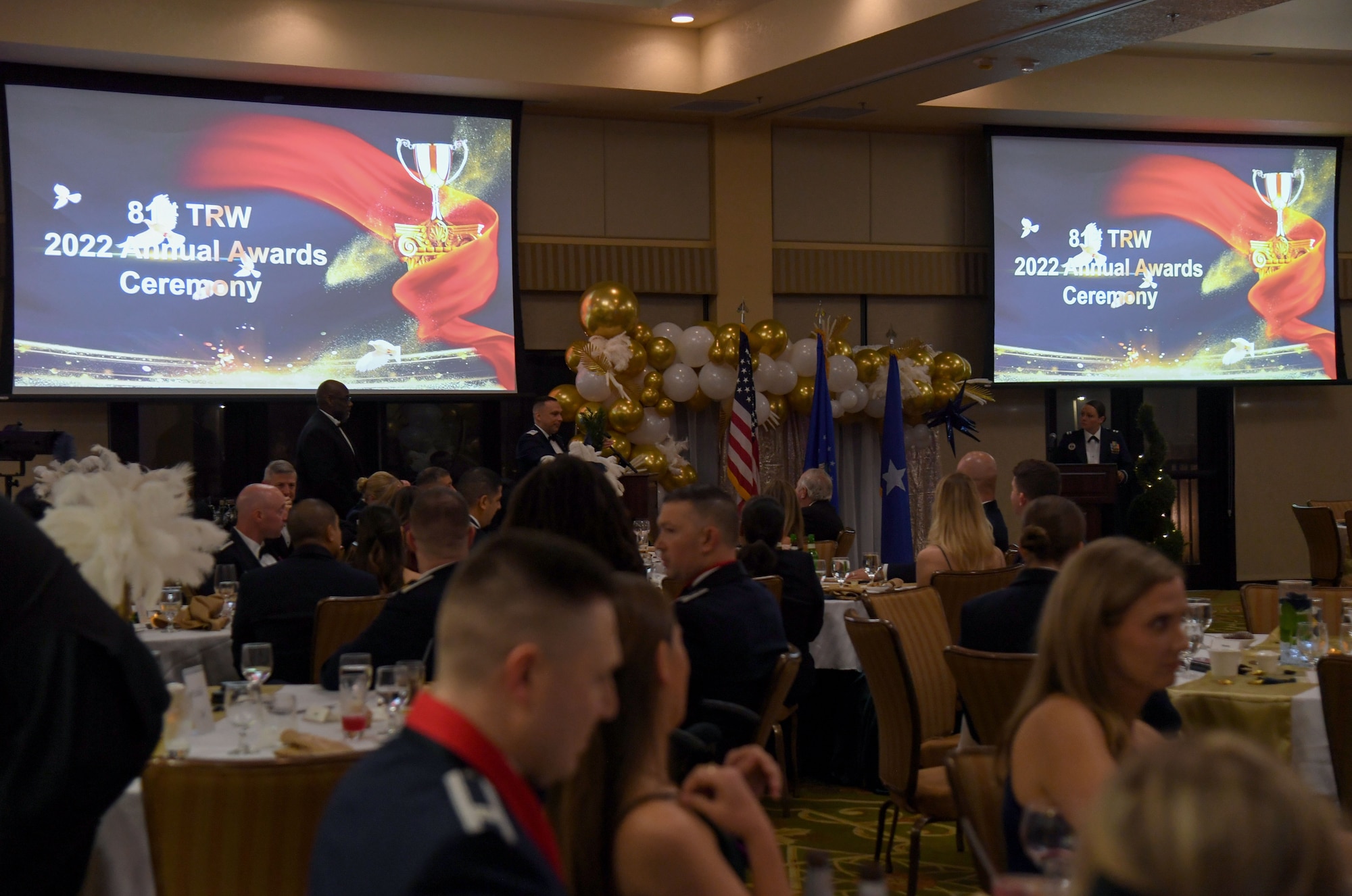 U.S. Air Force Brig. Gen. Lyle Drew, 82nd Training Wing commander, delivers remarks during the 81st Training Wing's 2022 Annual Awards Ceremony inside the Bay Breeze Event Center at Keesler Air Force Base, Mississippi, Feb. 24, 2023.
