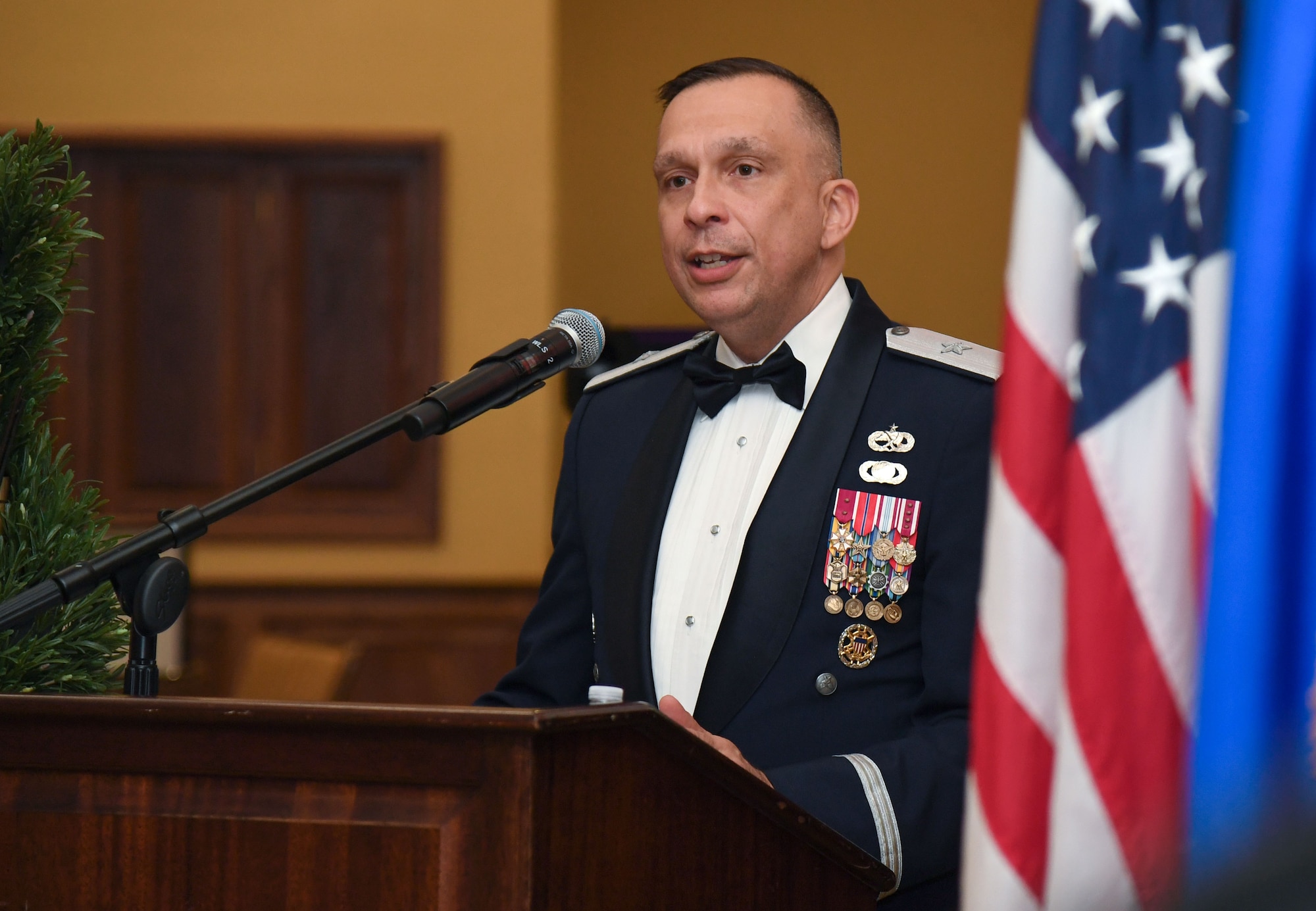 U.S. Air Force Brig. Gen. Lyle Drew, 82nd Training Wing commander, delivers remarks during the 81st Training Wing's 2022 Annual Awards Ceremony inside the Bay Breeze Event Center at Keesler Air Force Base, Mississippi, Feb. 24, 2023.