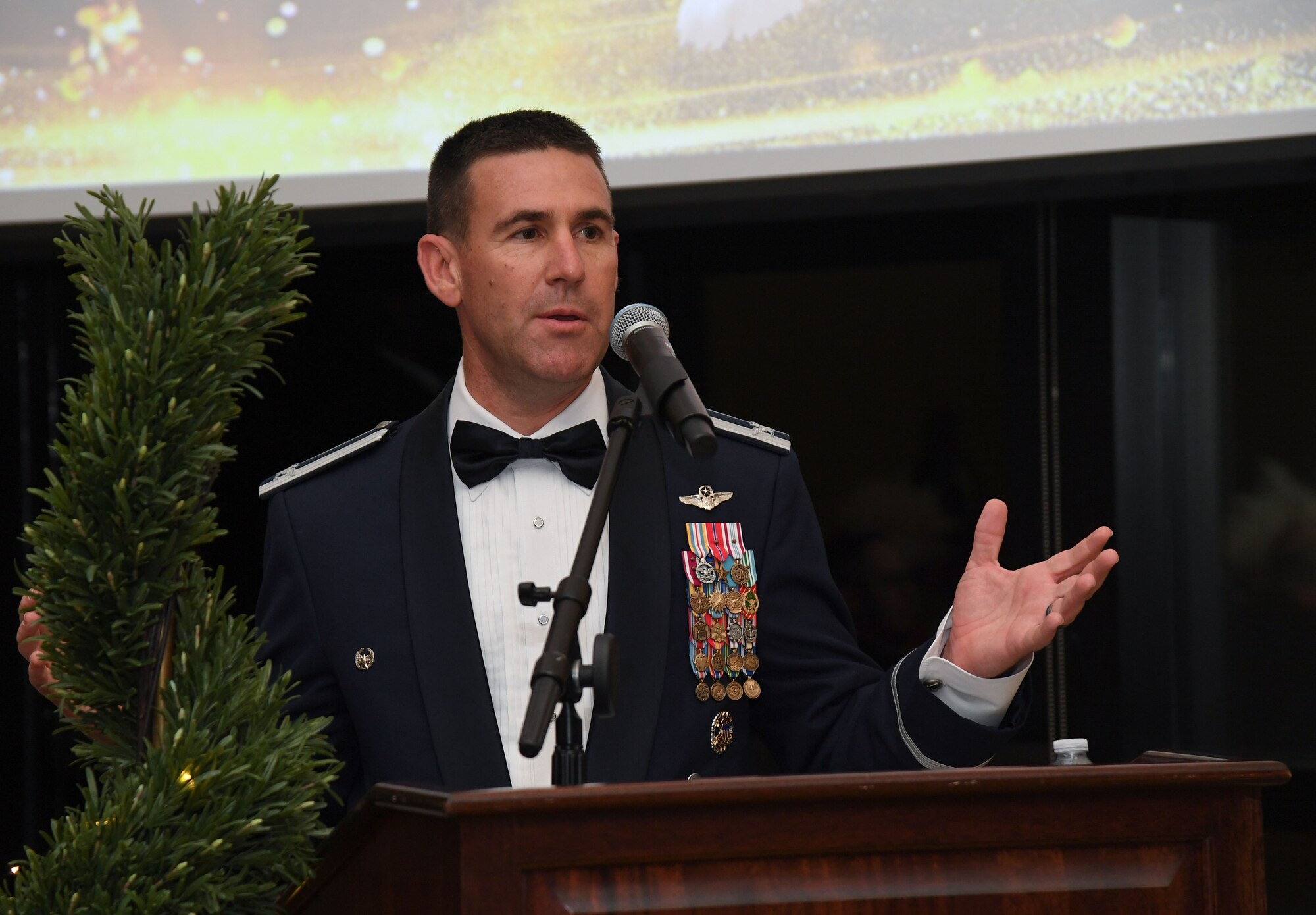 U.S. Air Force Col. Jason Allen, 81st Training Wing commander, delivers remarks during the 81st Training Wing's 2022 Annual Awards Ceremony inside the Bay Breeze Event Center at Keesler Air Force Base, Mississippi, Feb. 24, 2023.