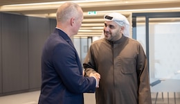 U.S. Army Col. Kevin Pierce (left), director of the 18th Financial Support Center, meets with the National Bank of Kuwait Relationship Officer Talal Q. Yousef AlQatami (right) during a key leader engagement in Kuwait City, Kuwait, Jan. 25, 2023. The engagement concentrated on new capabilities to provide operational flexibility in funding the U.S. Central Command theater. (U.S. Army photo by Spc. Cecilia Soriano)