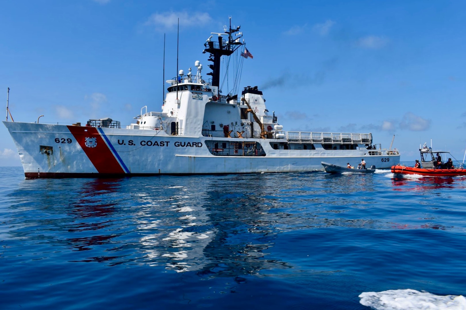 The Reliance-class medium endurance cutter USCGC Decisive (WMEC 629) conduct at sea engagements with the navy of Guatemala in the territorial seas of Guatemala on Oct. 25 - 26, 2021. The U.S. Coast Guard conducts routine deployments in the Southern Command area of responsibility, works alongside partners, builds maritime domain awareness, and shares best practices with partner nation navies and coast guards. (U.S. Coast Guard photo)