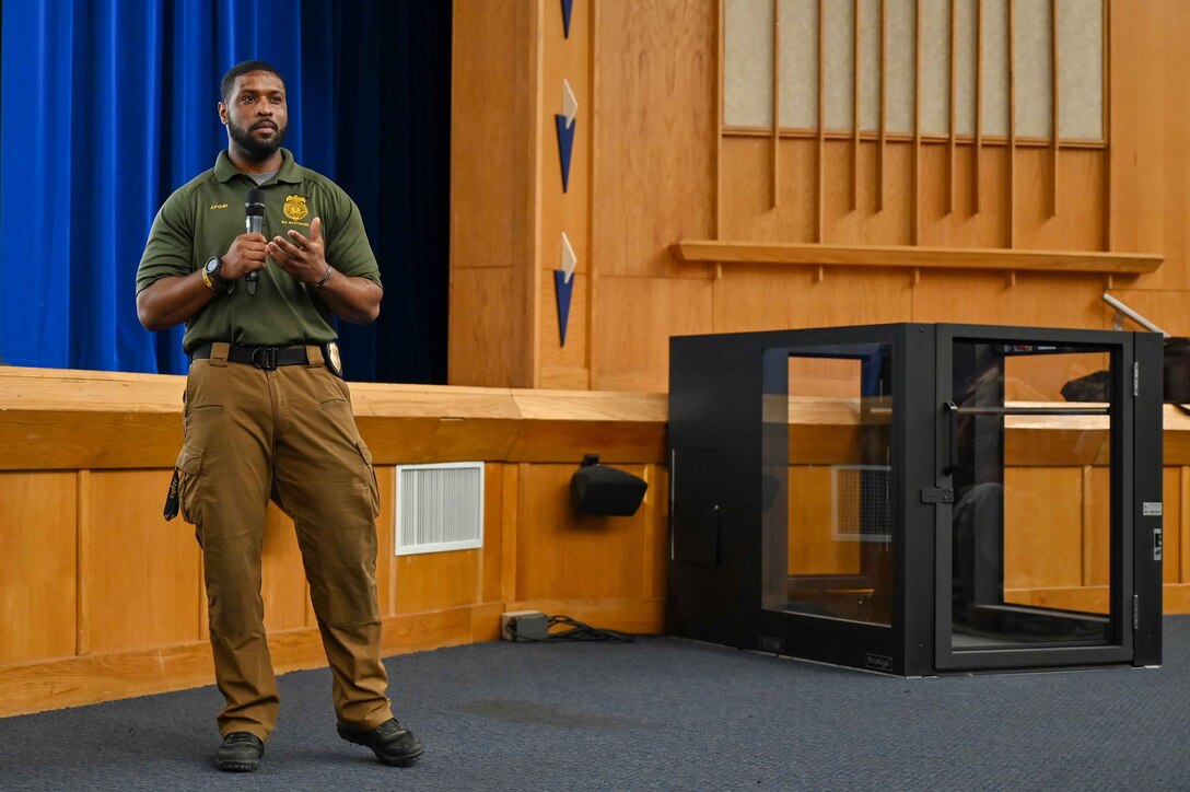Keitha Whitaker, an Office of Special Investigations (OSI) special agent, speaks to teens about the importance of cyber safety at Altus High School in Altus, Oklahoma, Feb. 22, 2023. OSI agents informed the kids of the legal ramifications of exchanging personal information or photos with people on the internet. (U.S. Air Force photo by Airman 1st Class Kari Degraffenreed)