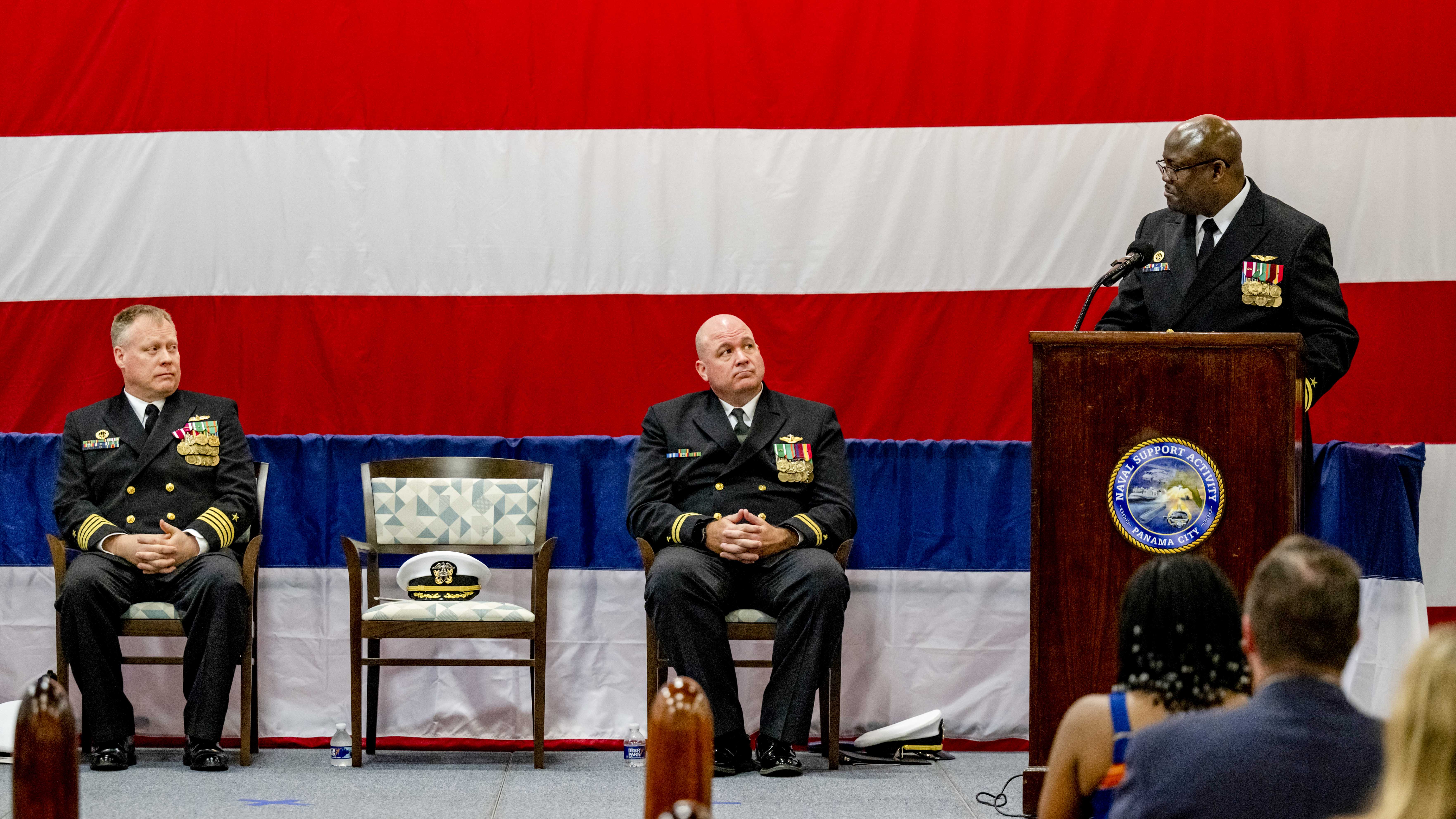 CHANGE OF COMMAND: Naval Support Activity Panama City Commanding Officer Captain Keith B. Foster turned over command to Commander Michael K. Mosi at the change of command ceremony, February 22.