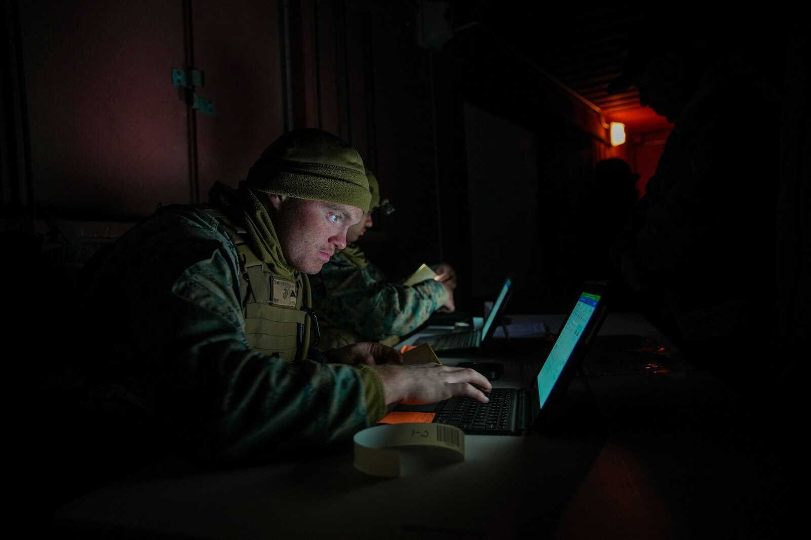 U.S. Marines assigned to Combat Logistics Battalion 15, Combat Logistics Regiment 17, 1st Marine Logistics Group, search simulated evacuees during evacuation control center training as a part of CLB- 15’s Marine Corps Combat Readiness Evaluation
