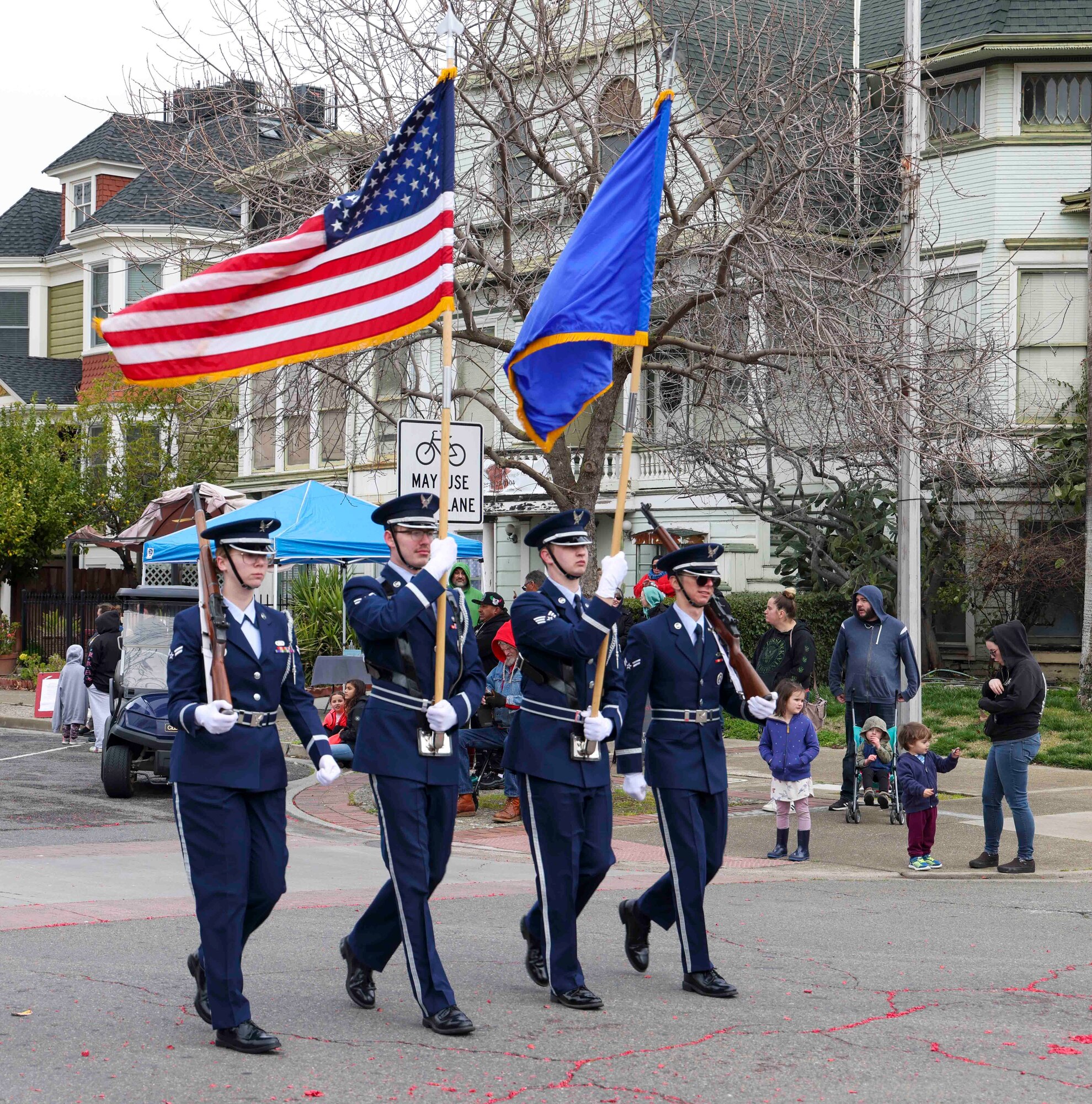The Beale Air Force Base honor guard marched in the 143rd Bok Kai parade Feb. 25, 2023, in Marysville, Calif.