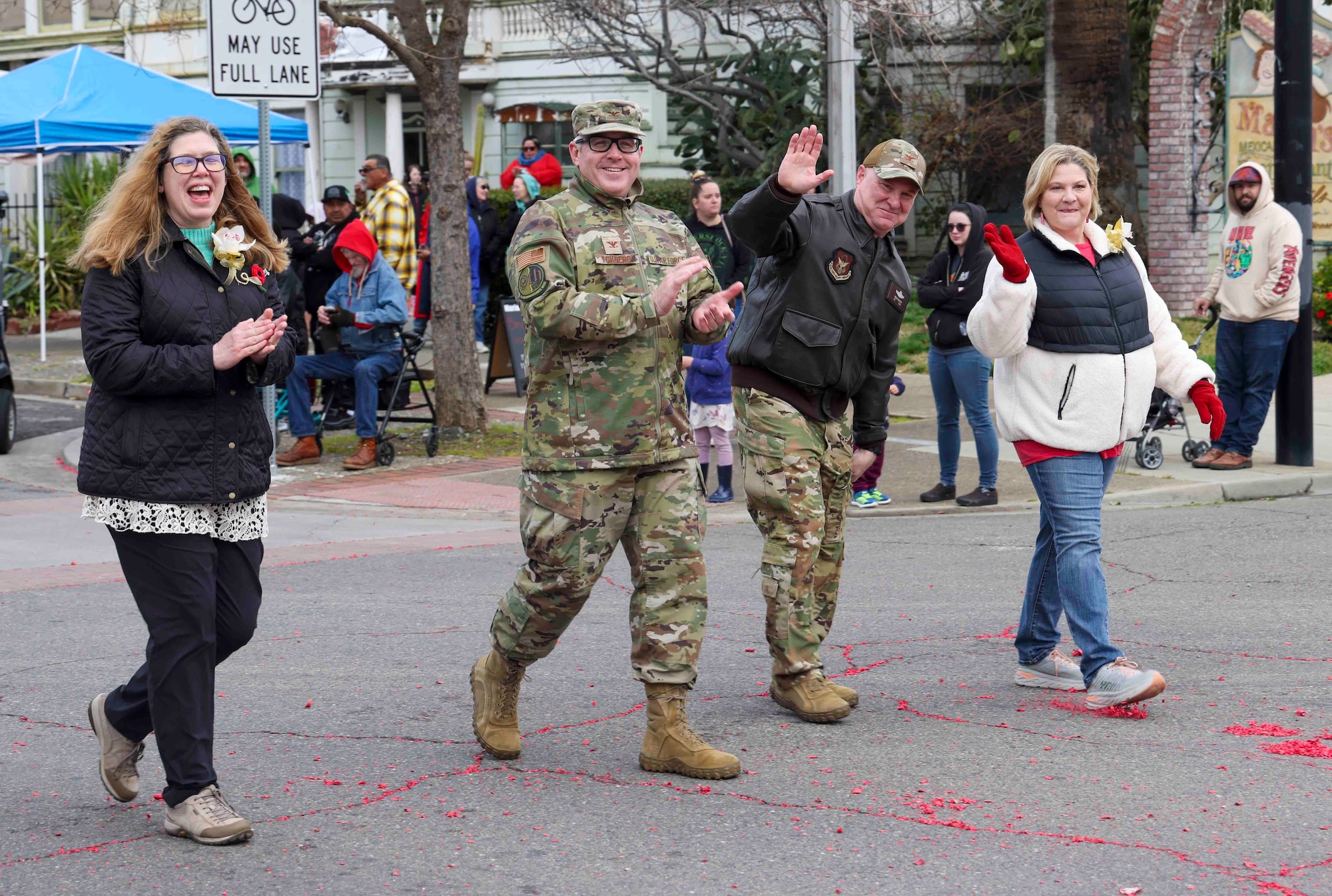 U.S. Air Force Col. Jason Eckberg, 9th Reconnaissance Wing vice commander, and Col. Richard Heaslip, 940th Air Refueling Wing commander, participated in the 143rd Bok Kai parade on Feb, 25, 2023, in Marysville, Calif.
