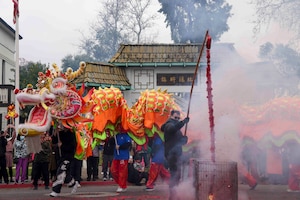 Airmen from Beale Air Force Base, Calif., lifted the Chinese dragon “Hong Wan Lung” during the 143rd Bok Kai parade on Feb, 25, 2023 in Marysville, Calif.