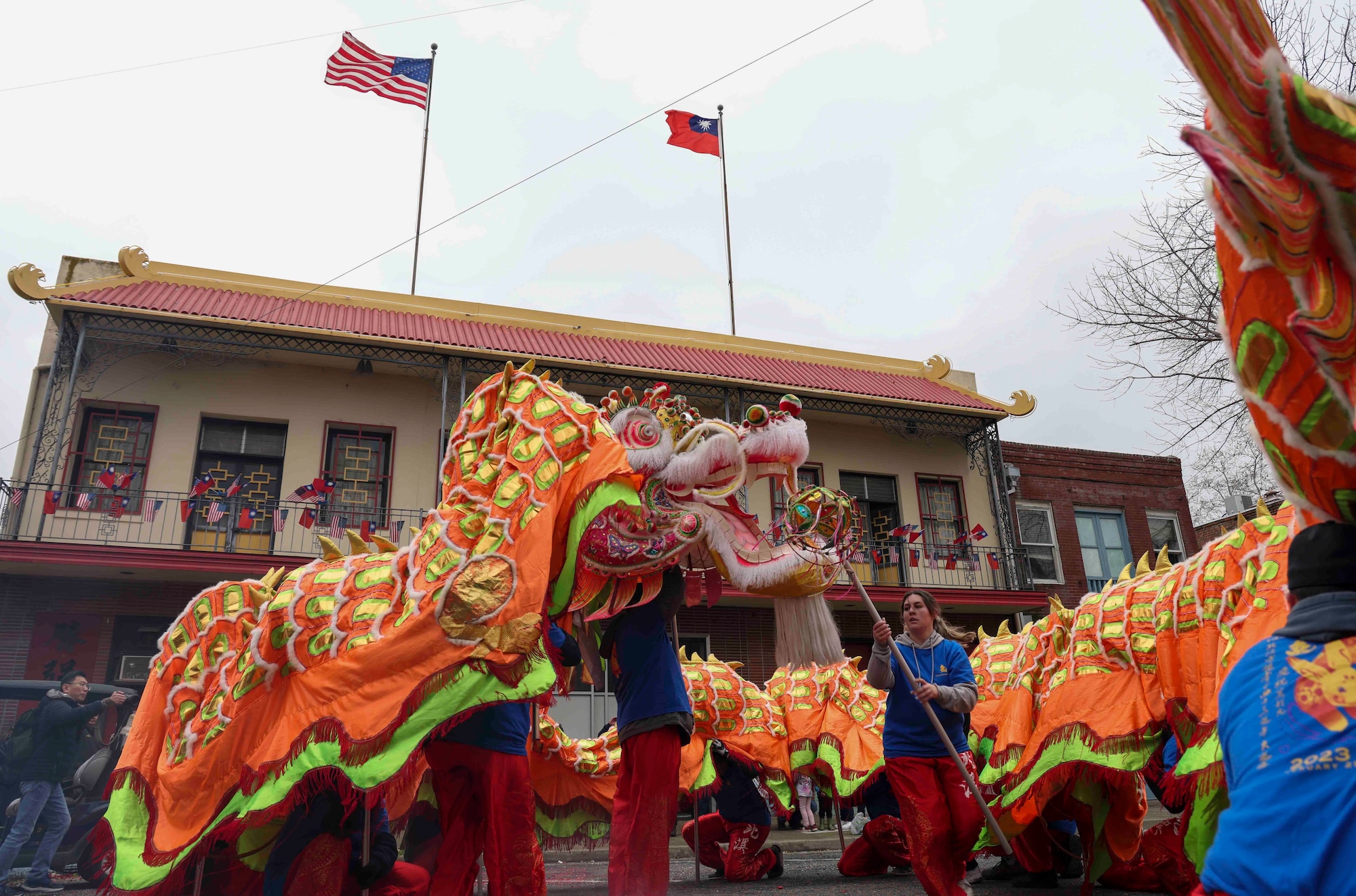 Airmen from Beale Air Force Base, Calif., lifted the dragon “Hong Wan Lung” in front of the Chinese Community Center during the 143rd Bok Kai parade on Feb. 25, 2023, in Marysville, Calif.
