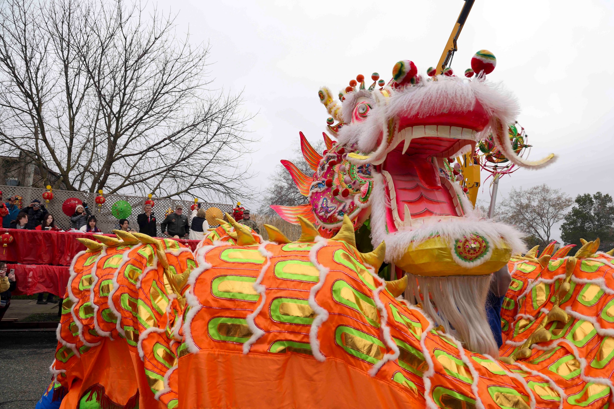 Airmen from Beale Air Force Base, Calif., lifted the dragon “Hong Wan Lung” in front of special guests during the 143rd Bok Kai parade on Feb. 25, 2023, in Marysville, Calif.