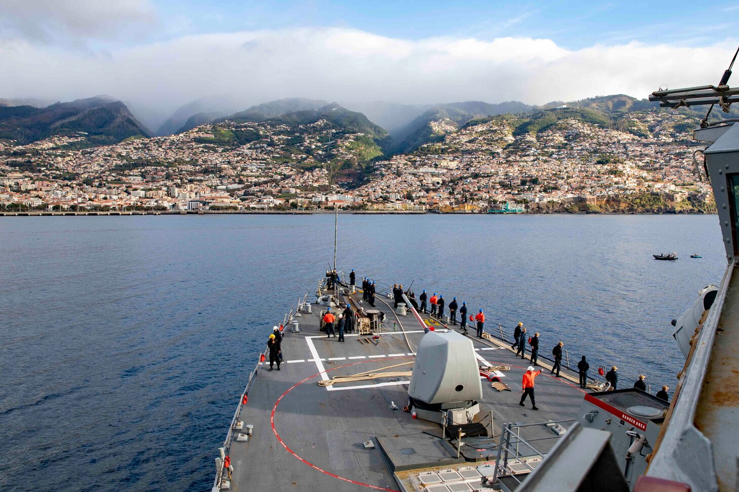 FUNCHAL, Portugal (Feb 23, 2023) The Arleigh Burke-class guided-missile destroyer USS Porter (DDG 78) arrives in Funchal, Feb. 23, 2023. Porter is on a scheduled deployment in the U.S. Naval Forces Europe area of operations, employed by the U.S. Sixth Fleet to defend U.S., allied and partner interests. (U.S. Navy photo by Mass Communication Specialist 2nd Class Sawyer Connally)